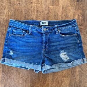 PAIGE Dark Blue Distressed Rolled-Hem Denim Shorts